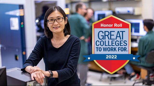woman with glasses leaning on computer to left and text "Honor Roll, Great Colleges to Work For"
