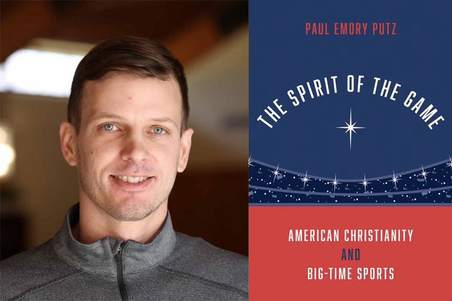 Dr. Putz smiles at the camera next to his new book cover