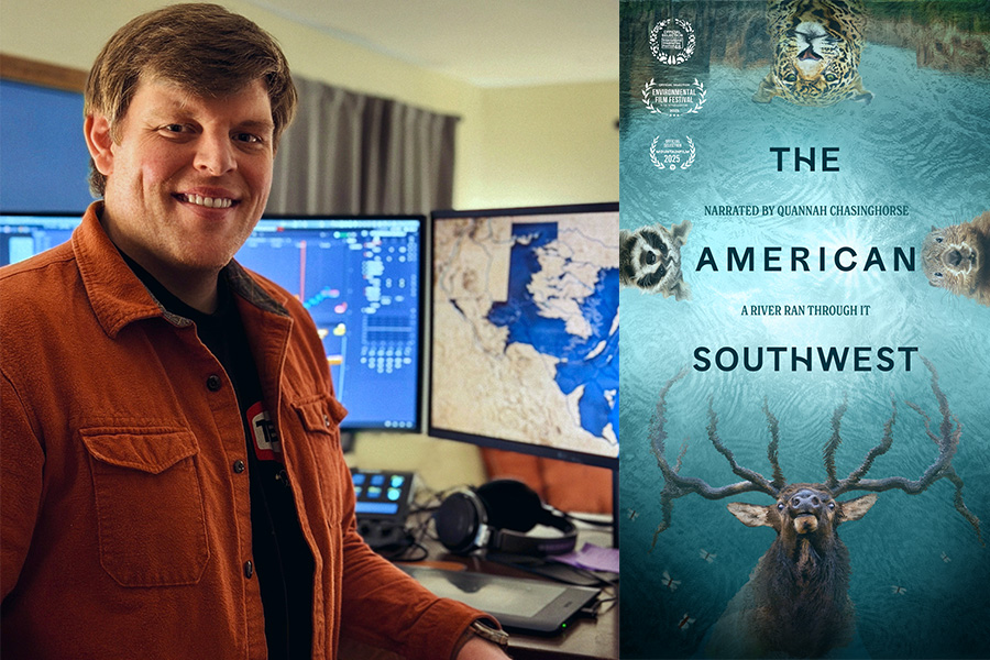 Smiling headshot of Sam Klatt next to the promo poster for his documentary American Southwest