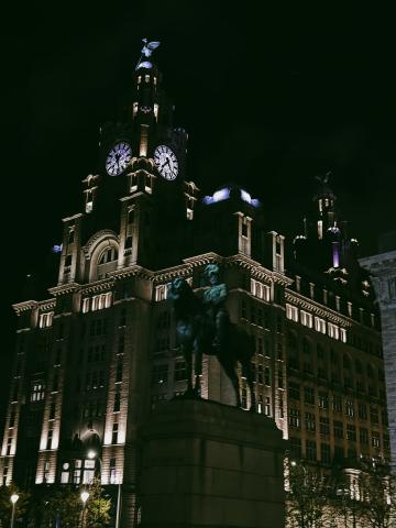 A church illuminated at night in Liverpool
