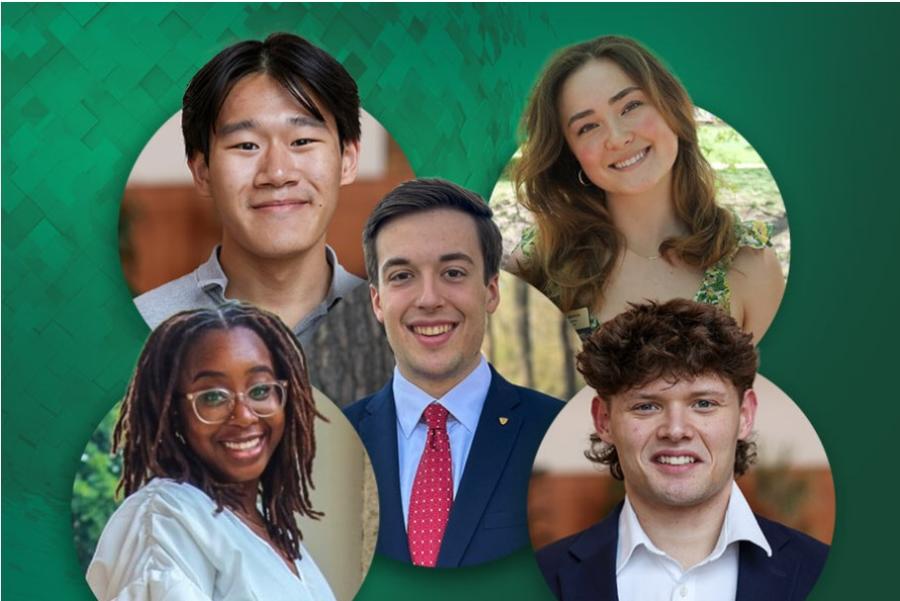 Headshots of two women students and three male students