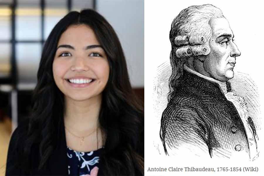 Tan faces camera smiling next to etching of Thibaudeau in profile