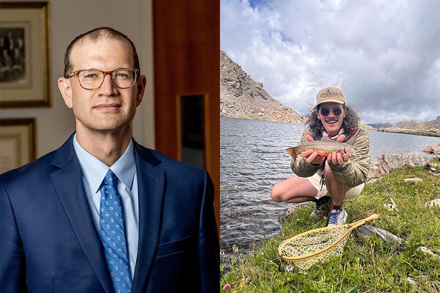 Josh Borderud wears a blue suit and tie and faces the camera, Dylan Washington holds a fish by a stream and smiles