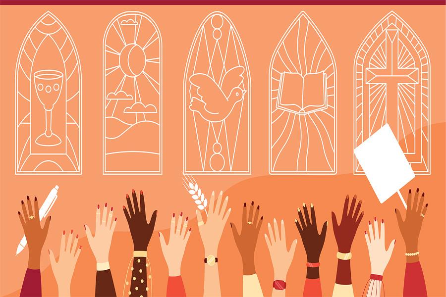 An illustration of many hands of different colors reaching for the sky