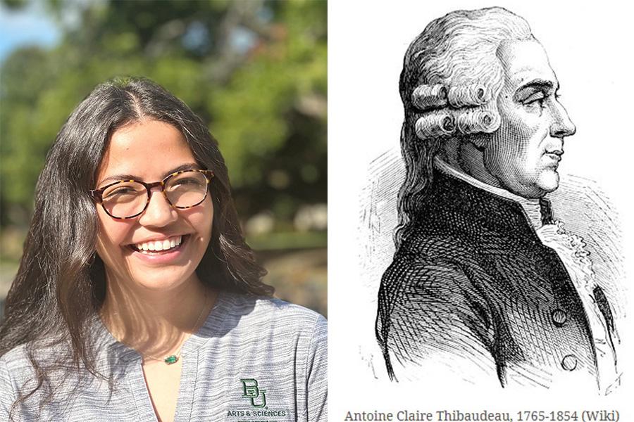 Tan faces camera smiling next to etching of Thibaudeau in profile
