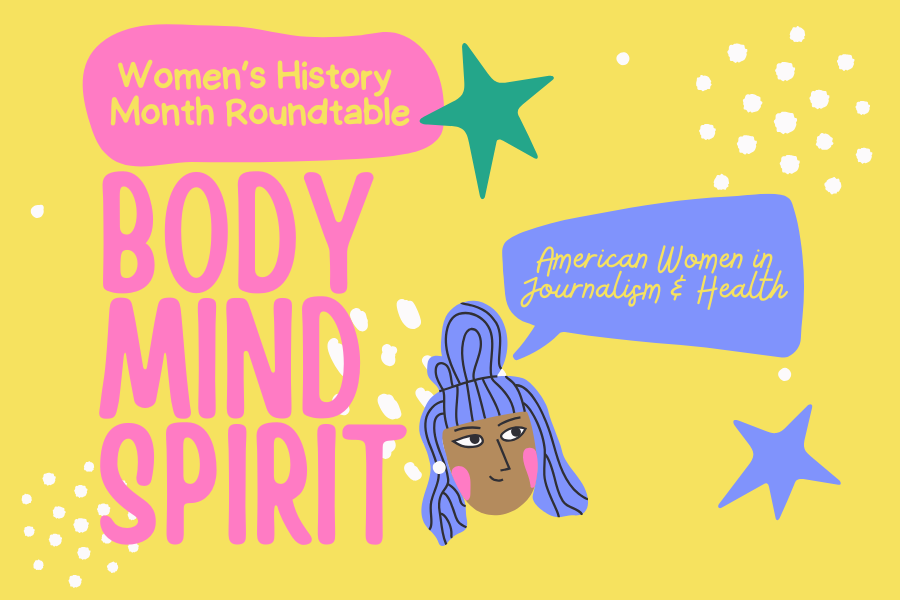 Title of Roundtable and illustration of young woman's head with blue hair