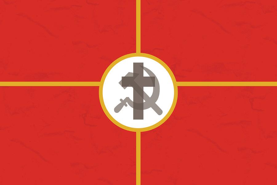 Red, black, and yellow poster of cross, hammer, and sickle for lecture 