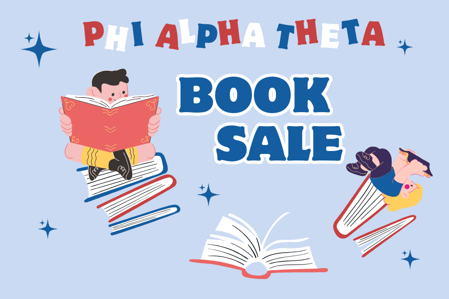 Title Phi Alpha Theta Book Sale" in red, white, and blue with illustrations of children reading