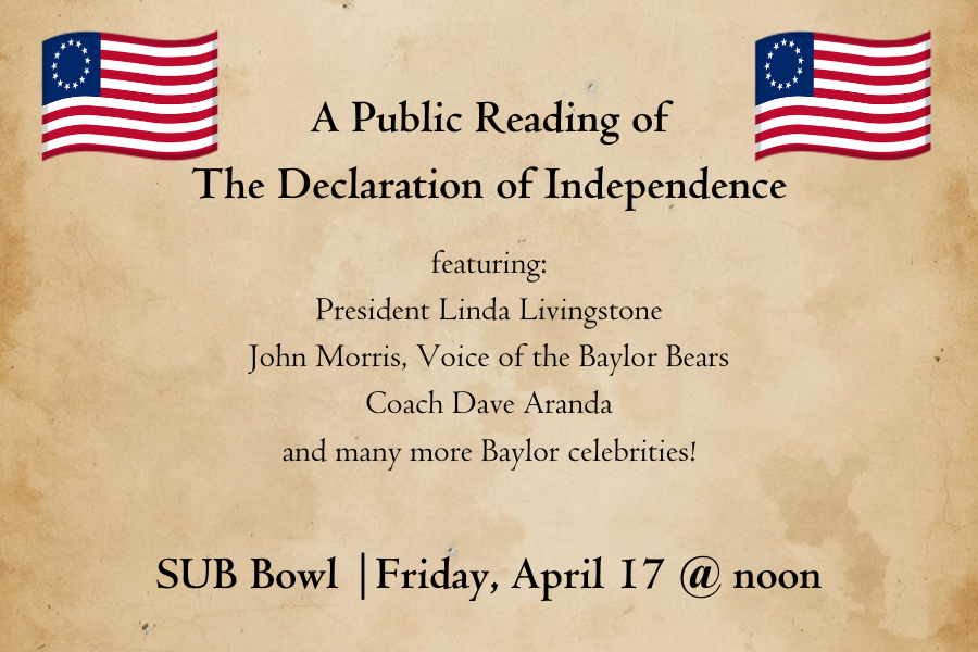 American flags and event details are listed on a parchment-colored background
